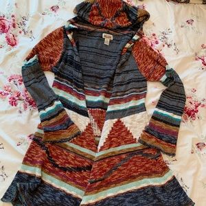 Medium Length Hooded Aztec print Cardigan